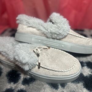 Faux Fur Lined Suede Moccasin Slippers